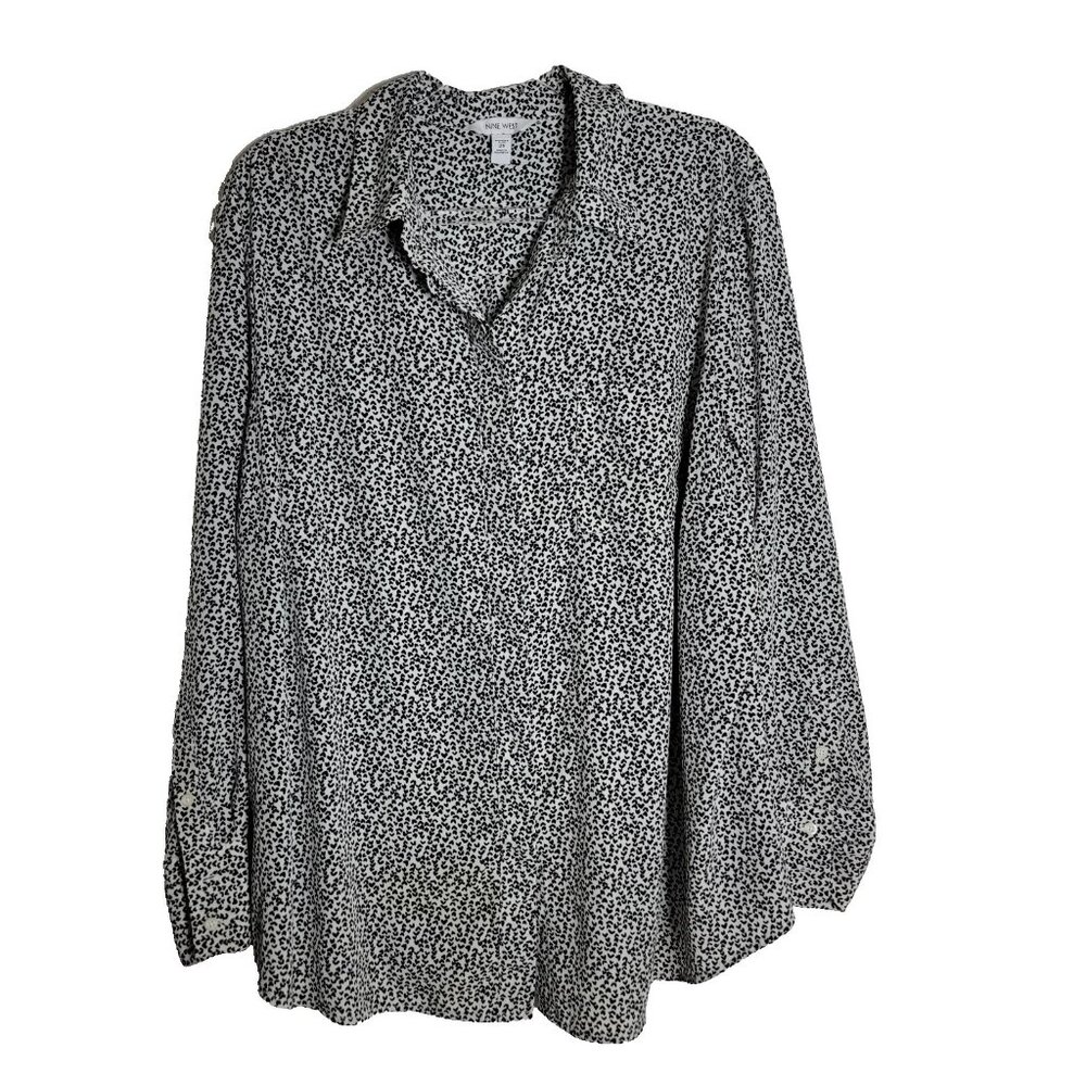 Nine West Heart Print Button Up Top Plus SIze 2X Long Sleeve Lightweight Black